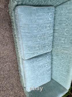 Antique Revival Art Nouveau Regency Shaped 2-3 Seater Green Blue Fabric Sofa
