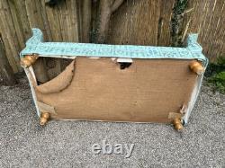 Antique Revival Art Nouveau Regency Shaped 2-3 Seater Green Blue Fabric Sofa