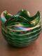 Antique Rose Bowl Green Iridescent Sandwich Ribbed Glass Vase