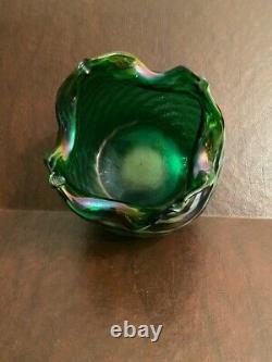 Antique Rose Bowl Green Iridescent Sandwich Ribbed Glass Vase