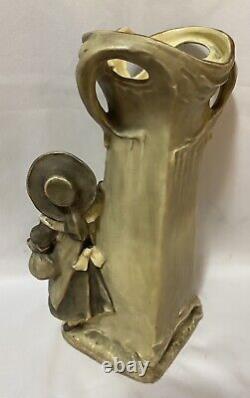 Antique Royal Dux Art Nouveau Figural Vase Girl With Flowers