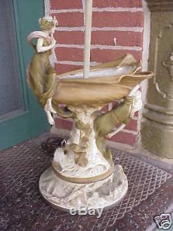 Antique Royal Dux Bohemia Art Nouveau Two Lady Figurine On Shell Lamp Large