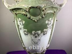 Antique Royal Dux Bohemia Porcelain Dbl. Handle Vase Urn Floral Gilt 16