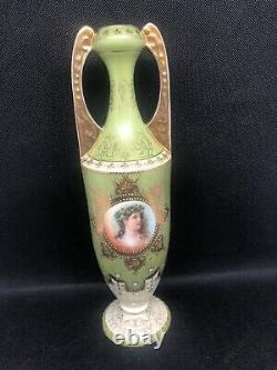 Antique Royal Wettin Germany Green Jeweled Vase Art Nouveau Portrait 9 3/4