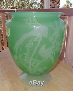 Antique STEUBEN GLASS #938 Birds of Paradise Vase in Jade alabaster acid etched