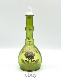 Antique Satin Green Art Nouveau Handpainted Blown Glass Barber Bottle 8(16)
