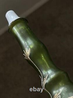 Antique Satin Green Art Nouveau Handpainted Blown Glass Barber Bottle 8(16)