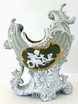 Antique Schafer & Vater Green Jasperware Planter Vase Cherub Cameo Art Nouveau