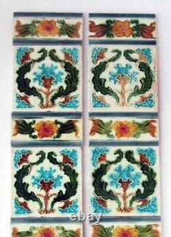 Antique Set Art Nouveau Fireplace Tiles with Original Spacers