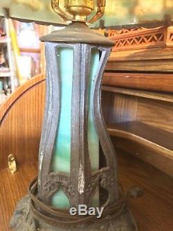Antique Slag Glass 6 Panel Lamp with Slag Glass Base Beautiful Green & Blue