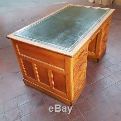 Antique Solid Oak Panelled Bankers/pedestal Desk With Brand New Green Hide Top