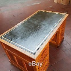 Antique Solid Oak Panelled Bankers/pedestal Desk With Brand New Green Hide Top