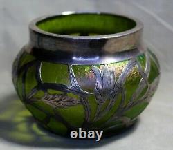 Antique Sterling Overlaid Textured Art Glass Bowl-Tiffany Signed, Probably Loetz