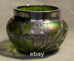 Antique Sterling Overlaid Textured Art Glass Bowl-Tiffany Signed, Probably Loetz