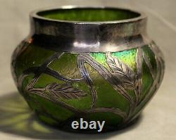 Antique Sterling Overlaid Textured Art Glass Bowl-Tiffany Signed, Probably Loetz
