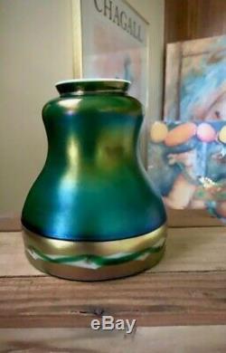Antique Steuben Art Nouveau Glass Shade Carder Era Green Aurene Intarsia Border