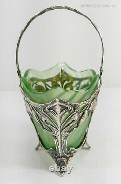 Antique Swedish 830 Sterling Silver Art Nouveau Basket Green Glass Insert