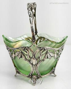 Antique Swedish 830 Sterling Silver Art Nouveau Basket Green Glass Insert