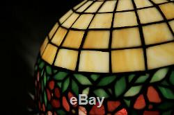 Antique Table Lamp Leaded Glass Red Flowers Bronze Base Handel