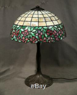 Antique Table Lamp Leaded Glass Red Flowers Bronze Base Handel