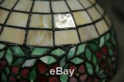 Antique Table Lamp Leaded Glass Red Flowers Bronze Base Handel