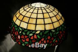 Antique Table Lamp Leaded Glass Red Flowers Bronze Base Handel