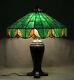 Antique Table Lamp Leaded Glass Shade Green Geometric Bronze Base Handel