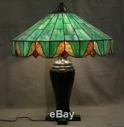 Antique Table Lamp Leaded Glass Shade Green Geometric Bronze Base Handel
