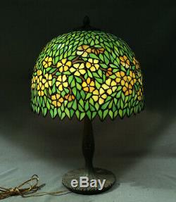 Antique Table Lamp Leaded Glass Wisteria Apple Blossom Bronze Base Handel