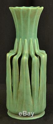 Antique Teco Art Pottery Rare 85 Organic Art Nouveau Green Vase 12 Leaves Signed