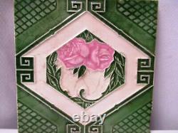 Antique Tile Majolica Art Nouveau Japan Floral Rose Green Geometric Design 701