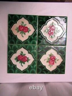 Antique Tile Majolica Art Nouveau Japan Rose & Green Leaf Geometric 4 Pc Set706