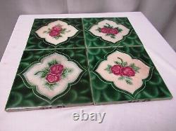Antique Tile Majolica Art Nouveau Japan Rose & Green Leaf Geometric 4 Pc Set706