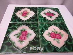 Antique Tile Majolica Art Nouveau Japan Rose & Green Leaf Geometric 4 Pc Set706