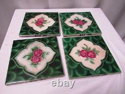 Antique Tile Majolica Art Nouveau Japan Rose & Green Leaf Geometric 4 Pc Set706