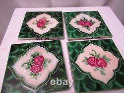 Antique Tile Majolica Art Nouveau Japan Rose & Green Leaf Geometric 4 Pc Set706