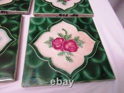 Antique Tile Majolica Art Nouveau Japan Rose & Green Leaf Geometric 4 Pc Set706