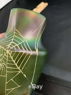 Antique UnSigned LOETZ Iridescent Spiderweb Vase Green Art Glass Spider Web