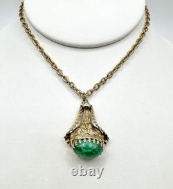 Antique VTG Art Nouveau Goldtone Green Peking Glass Pendant Unsigned Read Rare