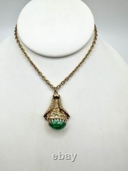 Antique VTG Art Nouveau Goldtone Green Peking Glass Pendant Unsigned Read Rare