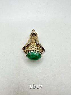 Antique VTG Art Nouveau Goldtone Green Peking Glass Pendant Unsigned Read Rare