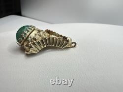 Antique VTG Art Nouveau Goldtone Green Peking Glass Pendant Unsigned Read Rare