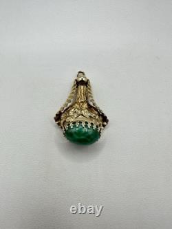 Antique VTG Art Nouveau Goldtone Green Peking Glass Pendant Unsigned Read Rare