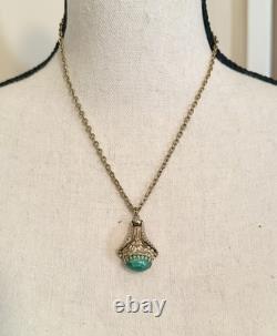 Antique VTG Art Nouveau Goldtone Green Peking Glass Pendant Unsigned Read Rare