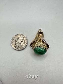Antique VTG Art Nouveau Goldtone Green Peking Glass Pendant Unsigned Read Rare
