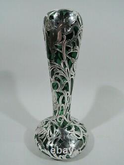 Antique Vase 131 Tall Art Nouveau American Green Glass Silver Overlay