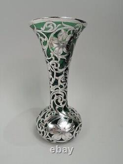 Antique Vase 155S Art Nouveau American Green Glass Silver Overlay