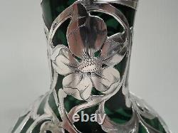 Antique Vase 155S Art Nouveau American Green Glass Silver Overlay