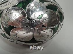 Antique Vase 155S Art Nouveau American Green Glass Silver Overlay