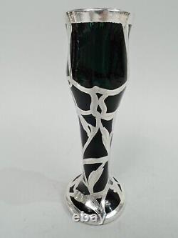 Antique Vase 196 Art Nouveau Bud Small American Green Glass Silver Overlay